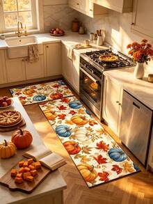 1/2 piezas Alfombra de cocina con calabazas multicolor para Acción de Gracias, alfombra y tapete de cocina de otoño, antideslizante, lavable y absorbente, accesorios de decoración de cocina, ¡la mejor decoración para Acción de Gracias! - Multicolor - Ver 2