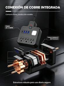 3-Outlet Power Strip With 3 USB Ports, Multifunction Power Strip, Surge Protector, 2500W Overload Protection, Suitable For Bedroom, Kitchen, Living Room, Office. - Black - View 8