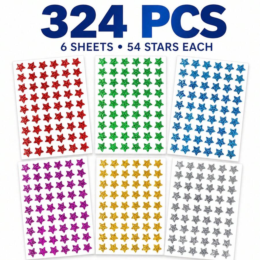 324pcs/6 Sheets Colorful Laser Shiny Glitter Dot Stickers, 6 Color Style Colorful Stickers, Perfect For Office, Student Classroom, Gift Packaging - Pentagram - View 1