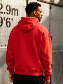 Men's Black Solid Color Drop Shoulder Long Sleeve Drawstring Pocket Casual Hoodie,Autumn/Winter,Suitable For Work, Daily Office Sports,And As A Gift - 紅色 - 查看 3