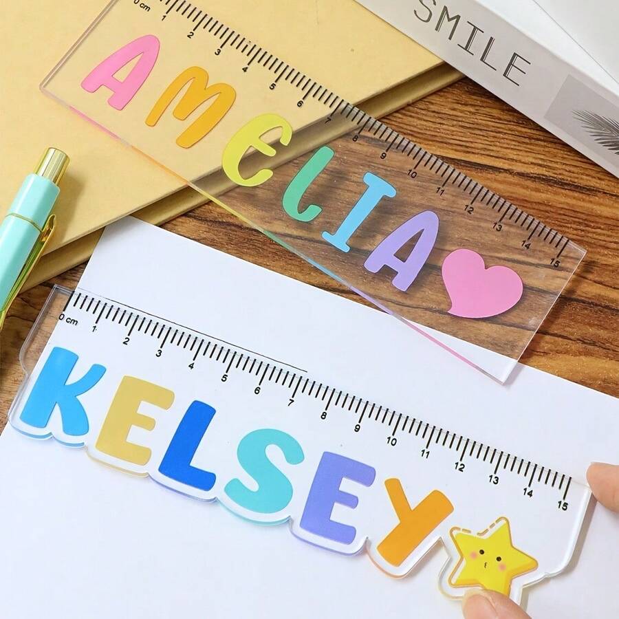 1pc Transparent Acrylic Customized Name Ruler, 2 Cute Designs Available, With Pink Heart Decoration And Cartoon Star Stickers, Customizable Rainbow Bubble Font Name, Clear Centimeter Scale, Can Be Used As Ruler And Name Tag