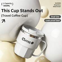 1pc 400ml 304 Stainless Steel Anti-Drop Mug With Lid, Multi-Purpose Water Cup, Coffee Travel Mug, Suitable For Office, Dorm And Home - White - View 1