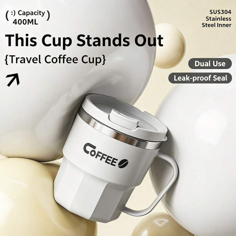 1pc 400ml 304 Stainless Steel Anti-Drop Mug With Lid, Multi-Purpose Water Cup, Coffee Travel Mug, Suitable For Office, Dorm And Home - White - View 1
