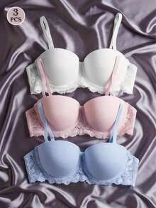 3pcs/Set Women's Fashion Lace Padded Shoulder Strap Removable Push-Up Bra, Comfortable Adjustable - Multicolor - View 1