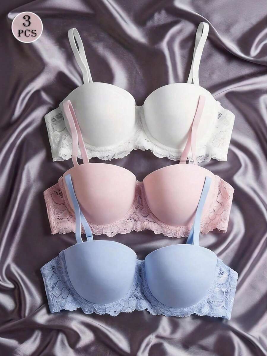 3pcs/Set Women's Fashion Lace Padded Shoulder Strap Removable Push-Up Bra, Comfortable Adjustable - Multicolor - View 1