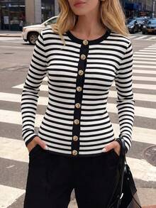 Women's Long Sleeve Front Button-Down Single Button Striped Pattern Detail Round Neck Elegant Casual Blouse, Suitable For All Seasons Fall - Multicolor - View 1