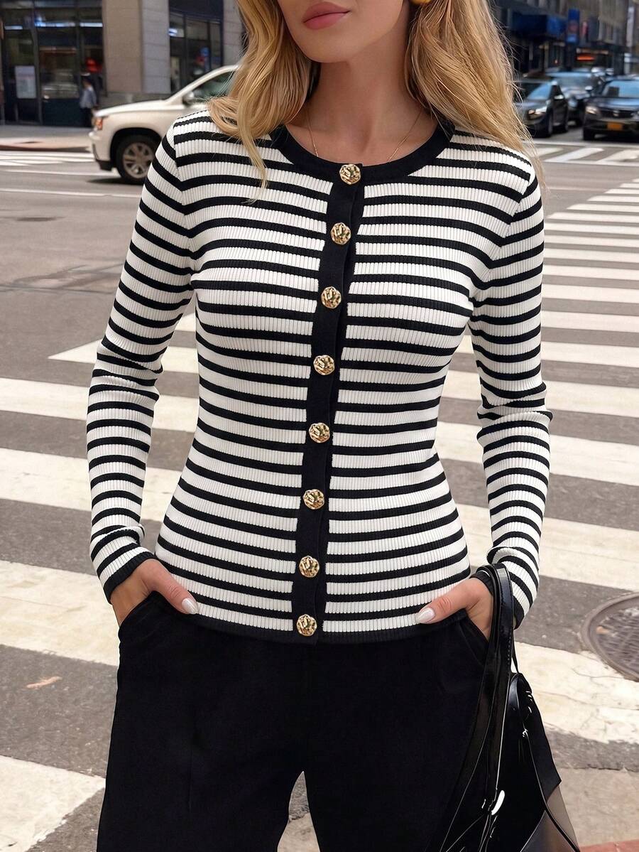 Women's Long Sleeve Front Button-Down Single Button Striped Pattern Detail Round Neck Elegant Casual Blouse, Suitable For All Seasons Fall - Multicolor - View 1