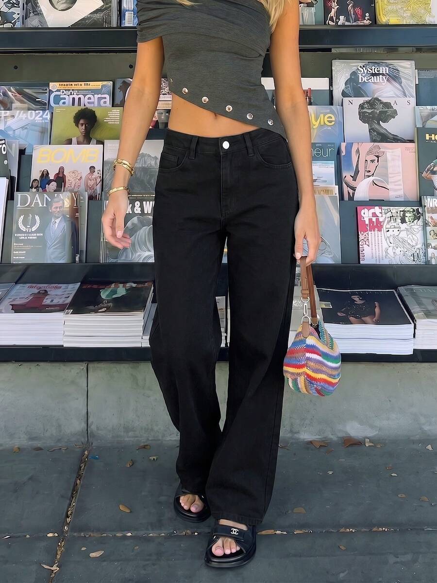 Women's Casual Black Straight Leg Jeans, With Button And Zipper Details, Non-Stretch Long Pants, Suitable For Daily Wear