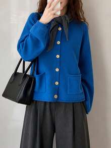 Women's Autumn/Winter Minimalist Style Double Pocket Design Sweater Cardigan Fall - Blue - View 4