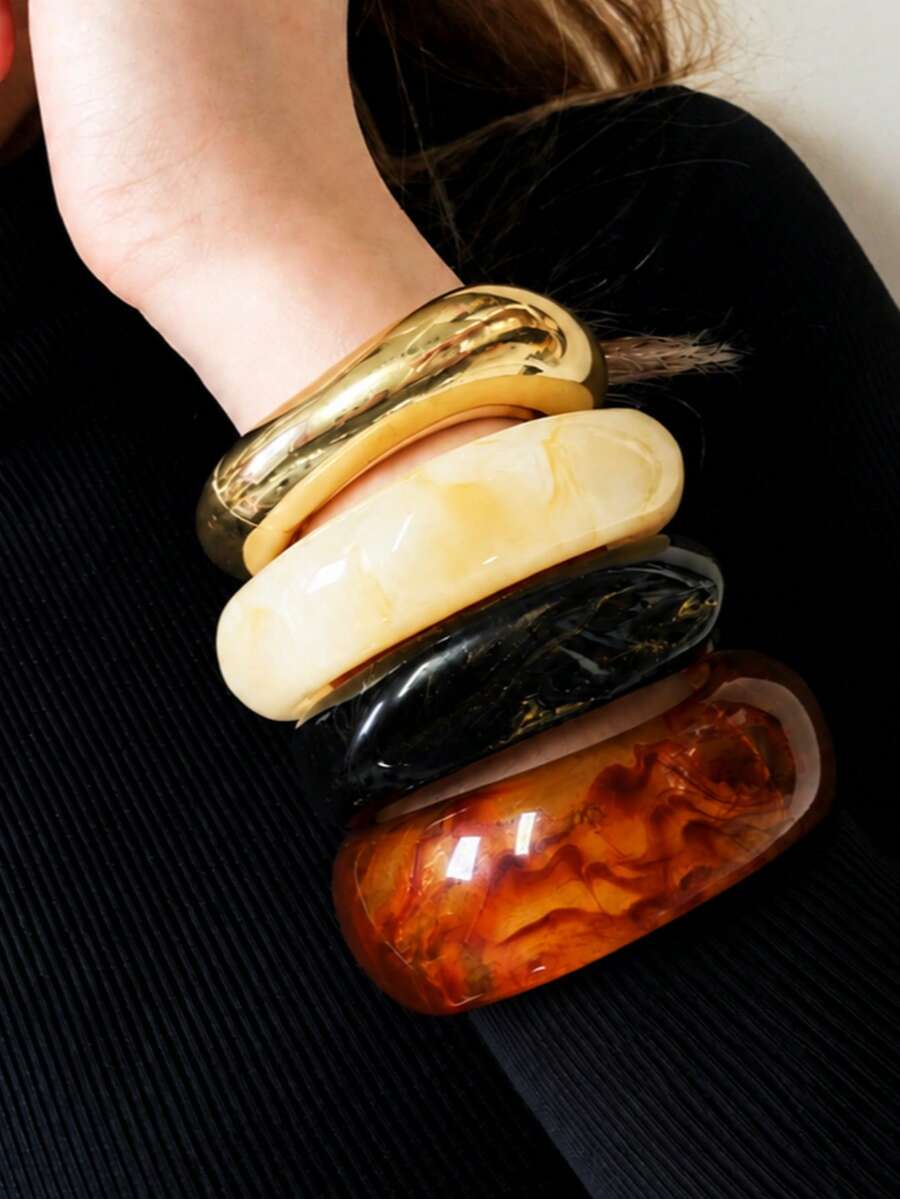 4件/1套琥珀透明樹脂與金屬手鍊組,隨性復古女款飾品,適合海灘度假與短途旅行穿搭 - 彩色 - 查看 1