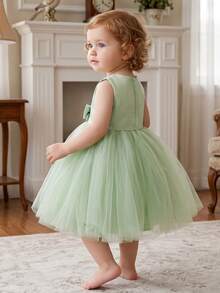 0-2岁女婴绿色拼接薄纱蓬蓬裙，蝴蝶结装饰派对礼服，适合生日、婚礼、周年纪念日等场合 - 綠色 - 查看 5