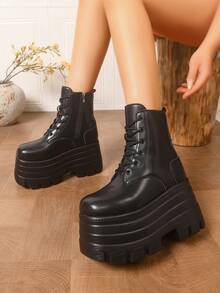 Women's Lace-Up Side Zipper Solid Color Ankle Boots, Winter New Punk Style Thick Sole Fashion Black Ankle Boots - Black - View 6