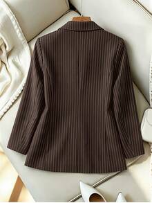HOMEYEE Elegant Plus Size Women's Pinstripe Blazer, Lapel Double-Breasted Design, Long Sleeve, Perfect Choice For Autumn/Winter Workplace Outfit - Brown - View 2