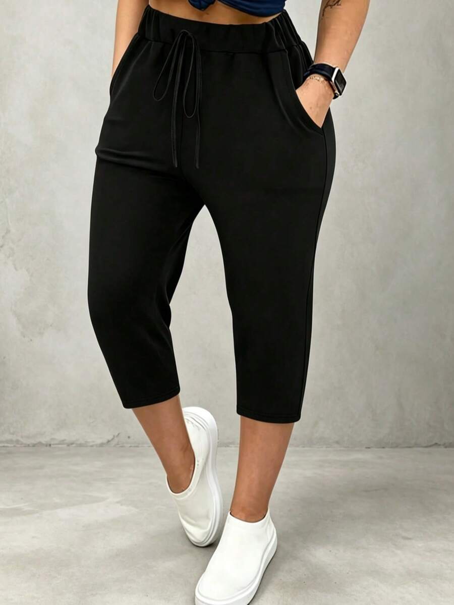 HUTENER Casual Versatile Solid Color Plus Size 3/4 Length Pants Black Summer - Black - View 1