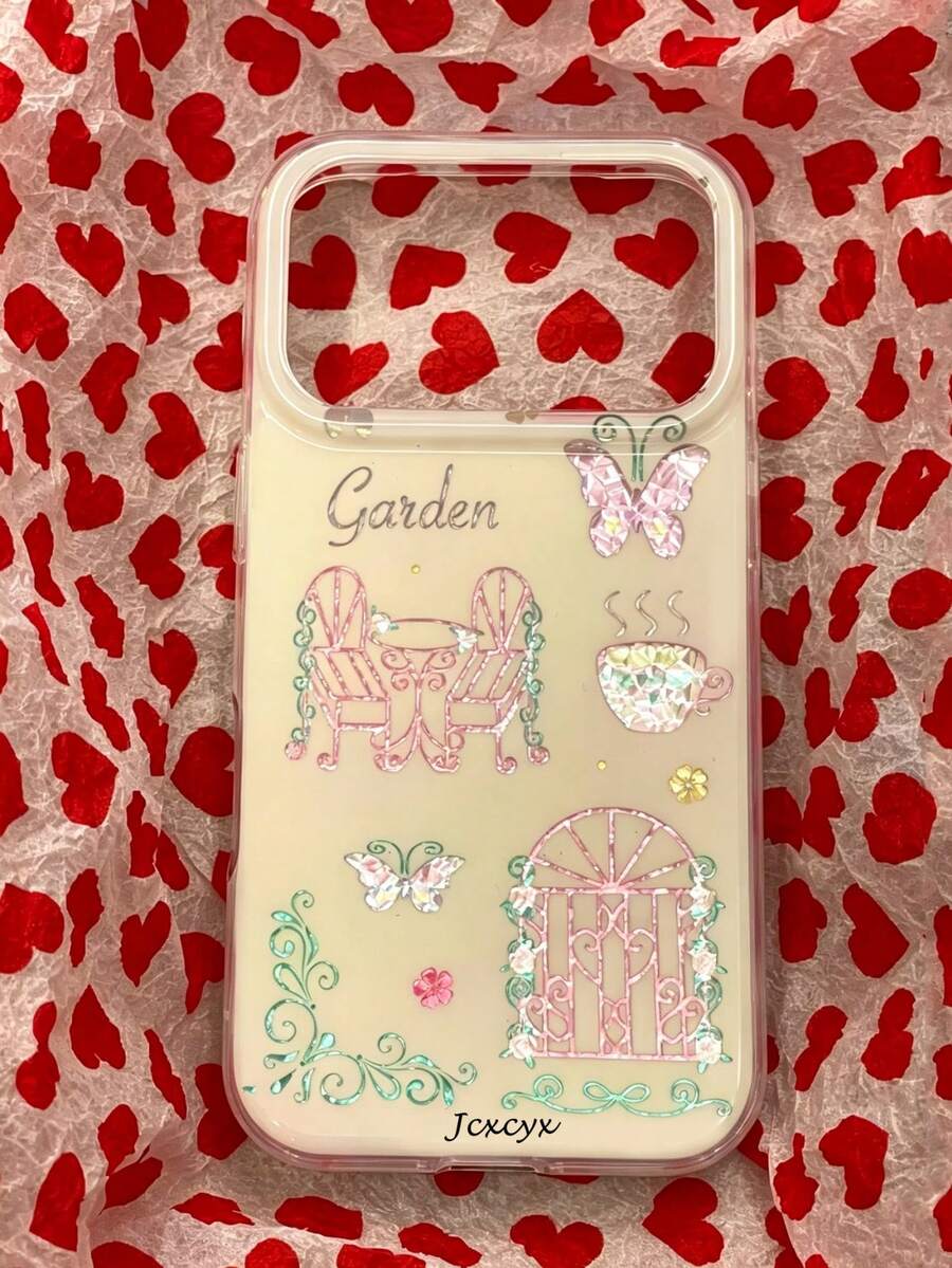 Cute Garden Butterfly Pattern Rhinestone Texture Phone Case, Compatible With IPhone 17 Pro Max 17 Pro 16 Pro Max 16 Pro 15 Pro Max 15 Pro 14 Pro Max 14 Pro 13 Pro Max 13 Pro 14 15 16 Plus 13 15 17, Light Pink Gradient Floral Coffee Cup Design Back Cover - Garden Butterfly - View 1