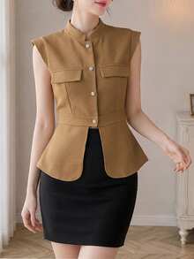 Chaqueta chaleco de uso diario versátil y casual de unicolor para mujer - Café integral - Ver 4