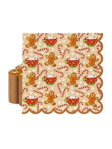 20pcs/1pc Christmas Themed Napkins, Printed With Gingerbread Man, Candy Cane And Snowflake Patterns, Wavy Edge Design, Suitable For Christmas Party Table Setting, Winter Themed Party, Christmas Dinner, Birthday Party And More - One Size Fits All - View 1