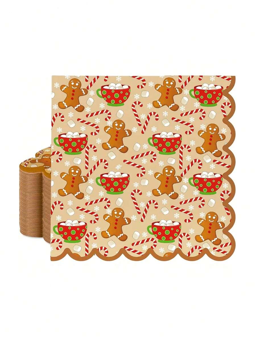 20pcs/1pc Christmas Themed Napkins, Printed With Gingerbread Man, Candy Cane And Snowflake Patterns, Wavy Edge Design, Suitable For Christmas Party Table Setting, Winter Themed Party, Christmas Dinner, Birthday Party And More - One Size Fits All - View 1