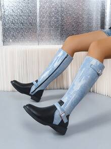 Women's Mid-Calf Boots Lace-Up Riding Boots Flat Motorcycle Boots Side Zipper Knee-High Boots - Denim - View 4