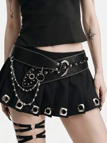 MortiRose 1pc Solid Color Punk Street PU Leather Heavy Rivet Curved Hook Rhinestone Chain Belt, Y2K American Baddie Fashion Punk Retro Style Waist Belt - Black - View 1
