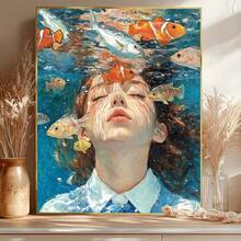Girl With Closed Eyes And Fish Oil Painting Decorative Art, DIY Adult Digital Oil Painting Set, Includes Acrylic Paint And Brushes (Frame Not Included), 40x50cm/16x20in, Canvas, Brushes And Instructions (Frame Not Included) - Sets - View 3