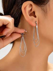 1 Pair Minimalist Multi-Layer Snake Chain Tassel Earrings For Women, Luxury High-End Long Drop Earrings, Versatile Jewelry For Daily Wear & Banquets - Silver - View 1