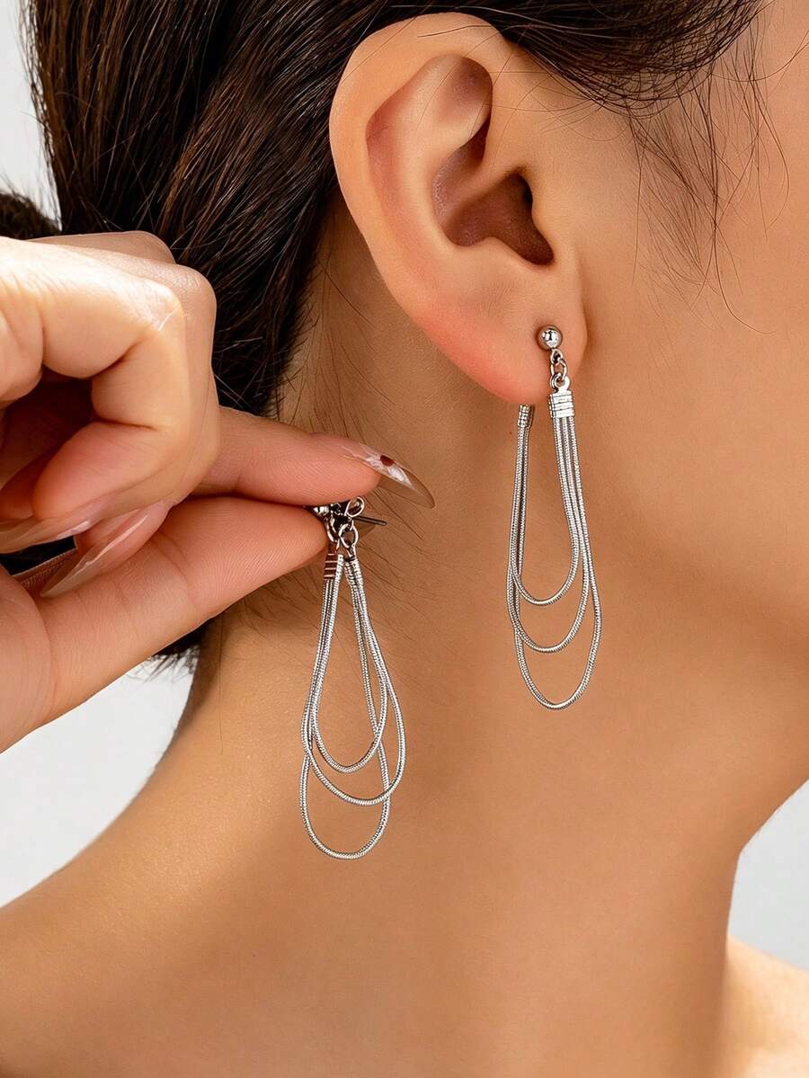 1 Pair Minimalist Multi-Layer Snake Chain Tassel Earrings For Women, Luxury High-End Long Drop Earrings, Versatile Jewelry For Daily Wear & Banquets - Silver - View 1