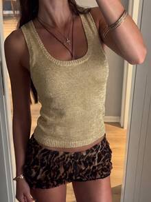 Women's Casual Cute Y2K Sexy Shiny Sequin Knit Tank Top Round Neck Spaghetti Strap Camisole Spaghetti Strap Top Summer Outfit - Gold - View 1