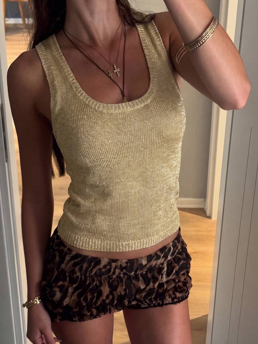 Women's Casual Cute Y2K Sexy Shiny Sequin Knit Tank Top Round Neck Spaghetti Strap Camisole Spaghetti Strap Top Summer Outfit - Gold - View 1