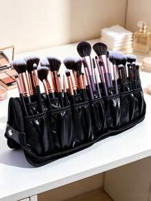 Tas Penyimpanan Kuas Makeup 14 Slot, Tempat Kuas Lipat Tegak, Kapasitas Besar, Portabel untuk Perjalanan, Tas Penyimpanan PU Anti Debu (Kuas Makeup Tidak Termasuk) - Hitam - View 5