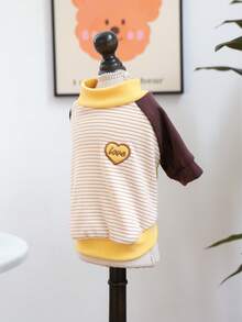 PETCIRCLE 1件寵物衣服 小狗幼犬可愛寵物防風保暖 簡約百搭 親膚柔軟咖啡色條紋愛心圓領毛衣 - 黃色 - 彩色 - 查看 8