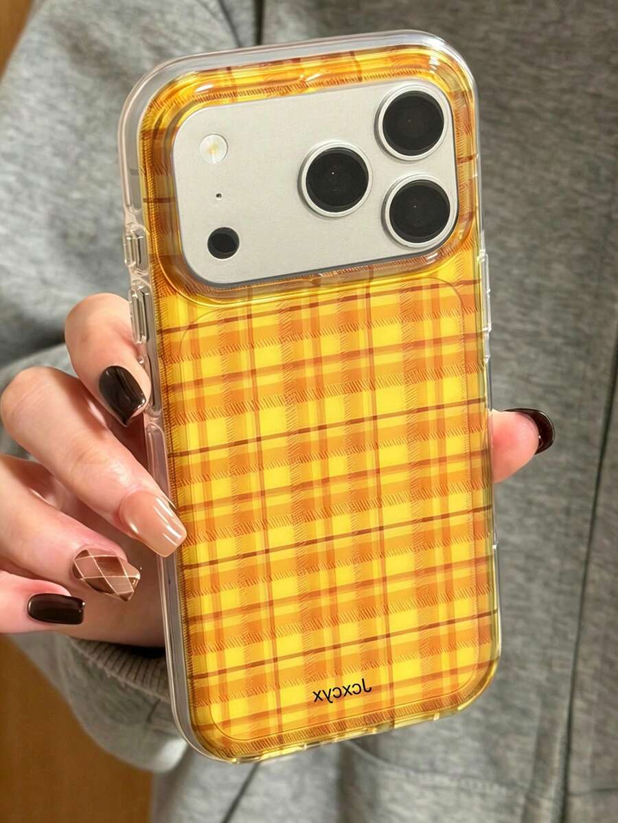 Stylish Plaid Glitter Soft Transparent Phone Case Compatible With IPhone 18ProMax 17 Pro Max 17Pro 17 16 Pro Max 16Pro 16 15 Pro Max 15Pro 15 14 Pro Max 13 12 11 Pro Max Cases Protection Back Cover Shell - Yellow Plaid - View 1