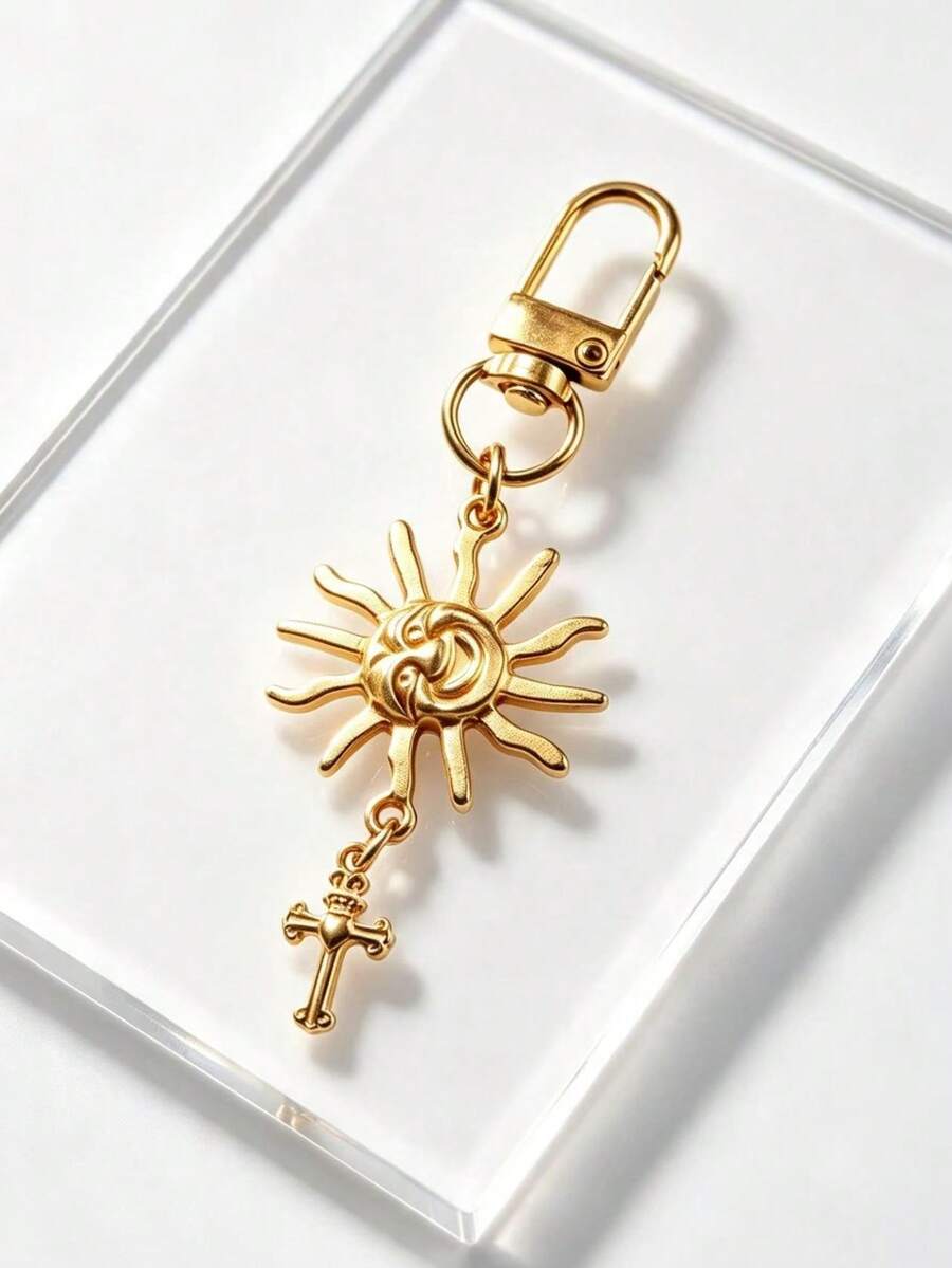 1pc Sun Cross Keychain, Sun Face Keychain, Bag/Backpack/Water Bottle Pendant, Perler Bead Accessory Charm - Multicolor - View 1