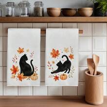 2PCS Kitchen Towels Autumn Minimalist Black Cat & Maple Leaf Pattern Printed 40*60cm Simple Style Rectangular Microfiber Kitchen Towels, Dish Cloths, Tablecloths, Hand Towels, Kitchen Decor, Home Decor, Housewarming Gifts For Neighbors, Perfect For Kitchen And Bathroom Use, Suitable For Housewives And Family Gatherings, High Cost-Performance, Essential Home Product - White - View 1