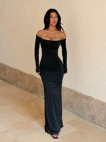 Gaun Wanita Musim Gugur Model Off-Shoulder Tanpa Punggung Lengan Panjang, Cocok untuk Pesta, Kencan - Hitam - View 3