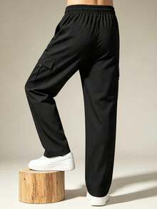 Men's Solid Color Multi-Pocket Cargo Pants, Elastic Drawstring Waist Straight Leg Minimalist Long Trousers, Suitable For Daily Commute And Sports - Black - View 3
