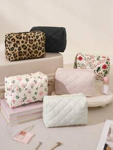 Quilted Octagonal Cosmetic Bag, Casual Handbag With Cute Floral Pattern Zipper Closure, Can Be Used As Skincare Bag, Toiletry Bag Or Travel Organizer; Warm Down Texture, Fashionable And Practical, Suitable For Back To School Season And Various Travel Occasions - Multicolor - View 2
