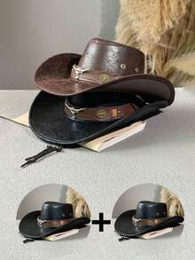 1pc Men's Multi-Color Bull Head Studded Leather Jazz Hat, Outdoor Sun Hat, Large Brim Western Cowboy Hat, Spring/Summer/Autumn - Multicolor - View 21
