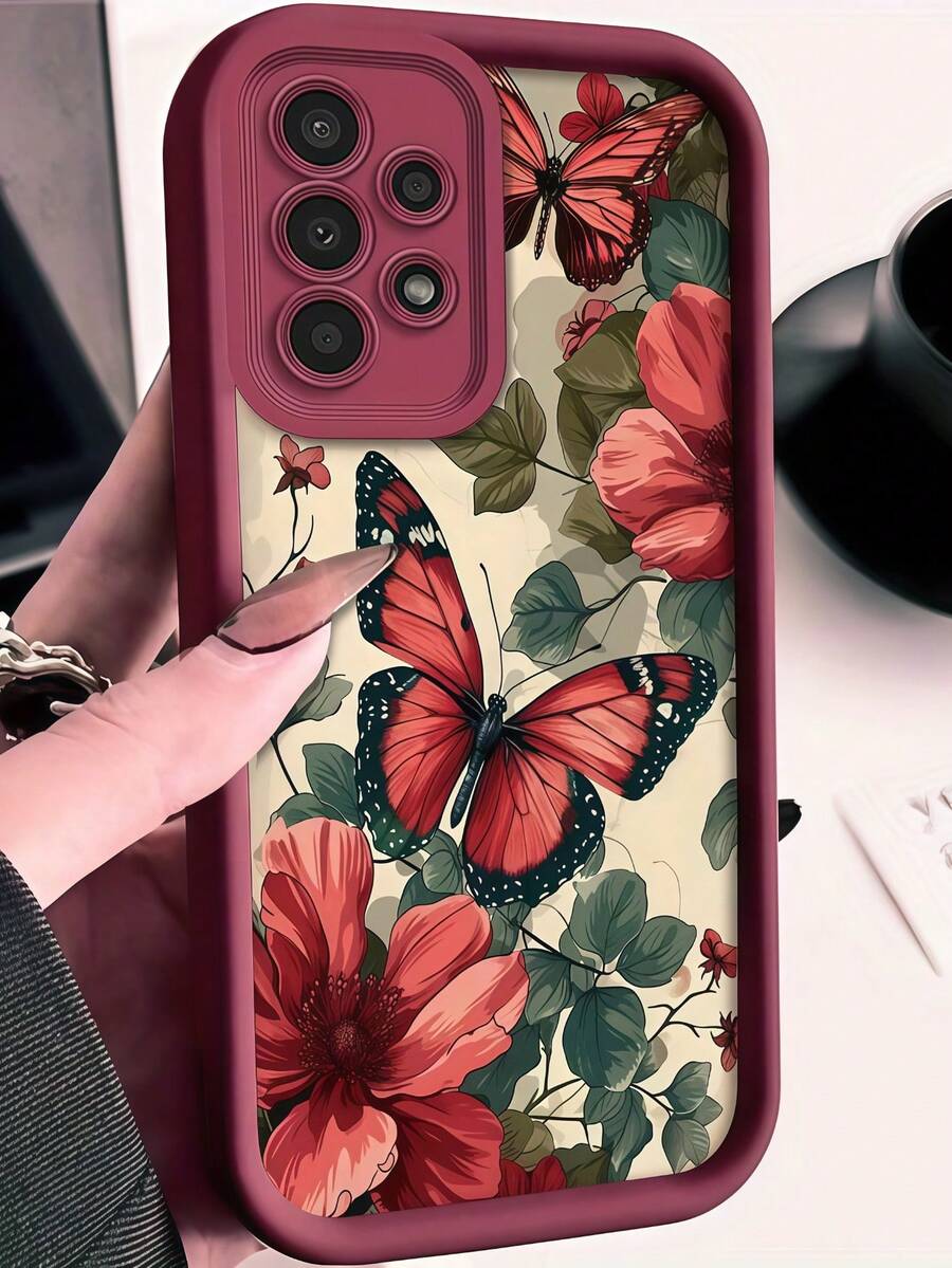 1pc Vintage Red Flower & Butterfly Pattern Phone Case With Burgundy Rice-Grain Texture, Burgundy Leather Frame Shockproof Soft TPU Protective Cover, Compatible With GALAXY, HONOR, Phones - Burgundy - View 1