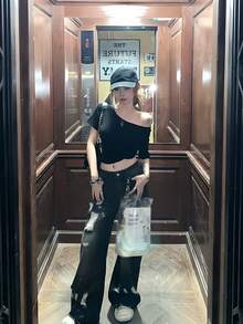 黑色性感不對稱單肩短袖女款夏季打結設計短版上衣 - 黑色 - 查看 5