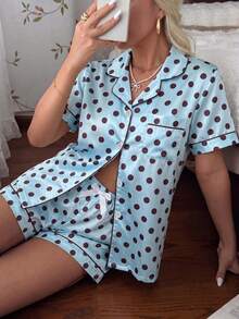 2pcs Women's Satin Polka Dot Short Sleeve Lapel Top And Bow Shorts Pajama Set, Spring/Summer - Baby Blue - View 6