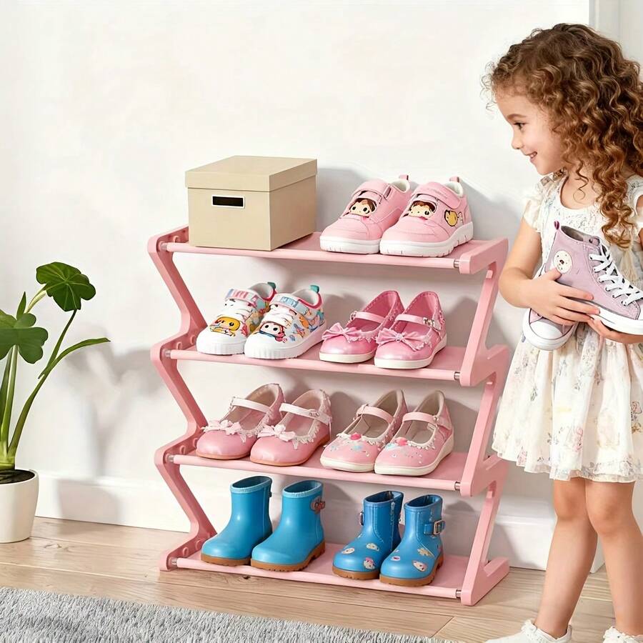 1 pieza Estantería para zapatos de 4 niveles en forma de Z, caja de almacenamiento independiente de plástico duradero, diseño curvo, estantería de almacenamiento multifuncional, estantería para zapatos autónoma de fácil montaje, sin herramientas requeridas, diseño compacto, apta para sala de estar o dormitorio, apilable y ahorradora de espacio, caja para zapatos, estantería vertical para zapatos