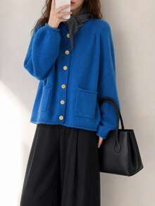 Women's Autumn/Winter Minimalist Style Double Pocket Design Sweater Cardigan Fall - Blue - View 3