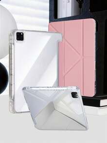 1件透明壓克力 Y-Fold 豆沙粉平板保護殼，相容 iPad Mini6/7/Air/Air2/9.7/10.2/10.5/10.9 (Air4-Air8)/Pro 11/10th Gen/A16/Pro 11 2024，全透明壓克力背殼，絲綢質感 8-Fold 翻蓋，可調支架，自動休眠/喚醒，內建筆槽，不含筆，部分機型附相機框 - 豆沙粉 - 查看 8