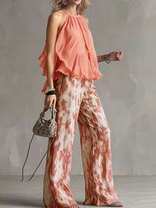 Setelan Dua Potong Wanita Musim Panas Bahan Chiffon, Atasan Tanpa Lengan Leher Halter dengan Bahu Terbuka dan Celana Panjang Motif Tie-Dye, Desain Ruffle Dua Lapis yang Elegan - Coral Orange - View 3