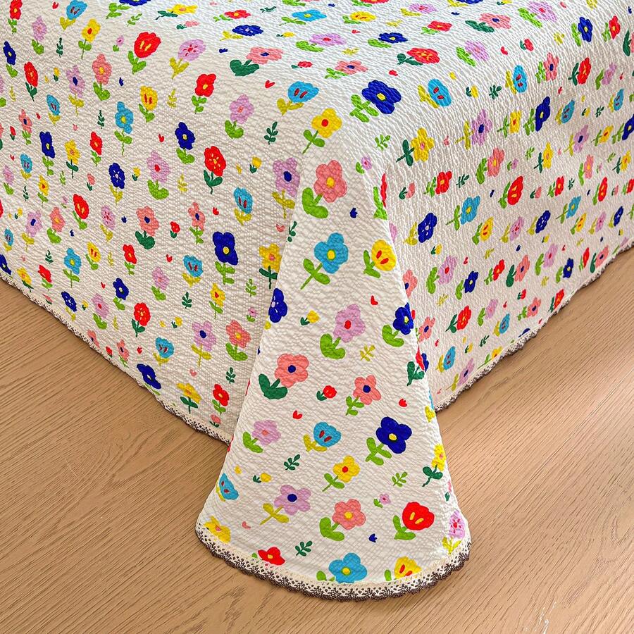 3-Piece Bed Sheet Set With Lace Trim, Floral Print Design, Crochet Lace, British Country Style, Suitable For Single Bed, Double Bed, Student Bed - Multicolor - View 1