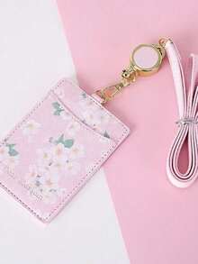 1pc Sakura Pattern Retractable Badge Hanging Rope PU Material Floral Pattern ID Card Holder Portable Cute Floral Pattern Storage Card Clip - Multicolor - View 8