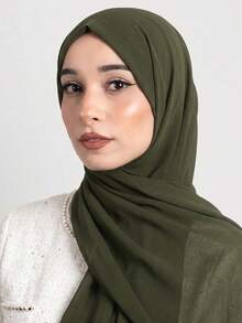 1pc Women's Solid Color Pearl Chiffon Headscarf Arabic Casual Long Scarf Headwrap Suitable For Daily Use - Army Green - View 2