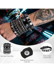 Xiacheng Punk Rock Leather Bracelet Set, Stackable Black Cuffs, Hearts, Stars And Chains, Gothic Emo Jewelry For Men Women, Perfect For Halloween & Concerts - Multicolor - View 3