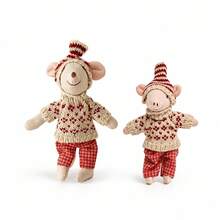 2PCS Mouse & Pig Stuffed Toy With Knitted Outfit, Soft Plush Doll. Gender-Neutral Decor, Newborn Photoshoot Prop, Kids Room Accent - Multicolor - View 15